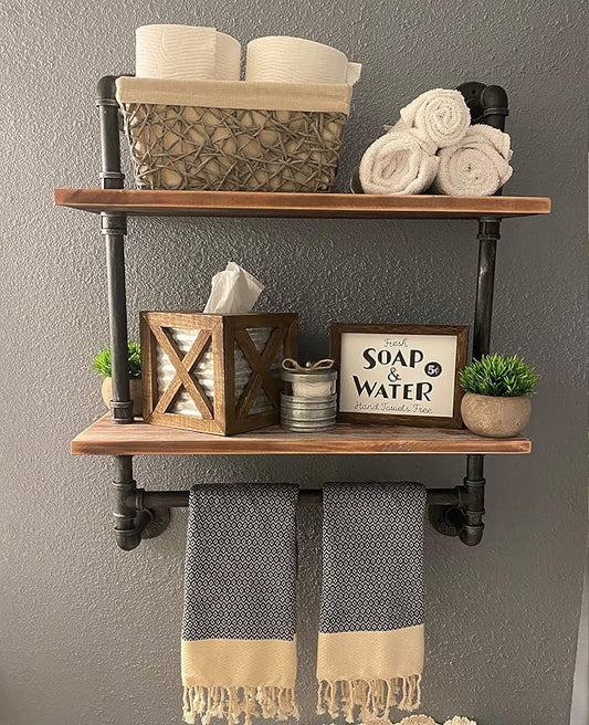 SSS Furniture Industrial Pipe Shelf Bathroom Shelves Wall Mounted, 2 Tier 19.6in Rustic Wood Floating Shroom Decor Wall Shelfelves with Towel Bar, Farmhouse Rustic Bath