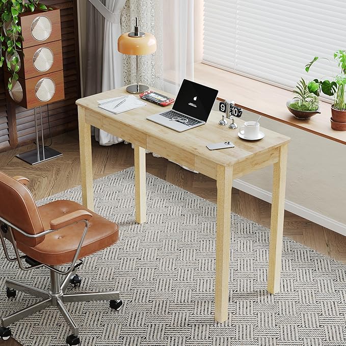 Solid Wood Desk with Drawers - 39 x 16 Inch Narrow Desks, Mid Century Modern Desks, Rubber Wood Study Table, Small Writing Desk for Bedroom|Small Spaces, Natural