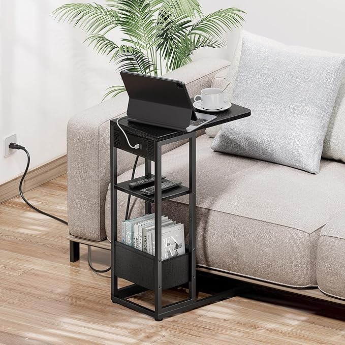 C Shaped End Table with Charging Station, Small Side Table for Couch Recliner, Slide Under Sofa Desk Snack Tables with Storage Bag & AC / USB Outlet, Small Spaces Drink Tables for Living Room, Bedroom