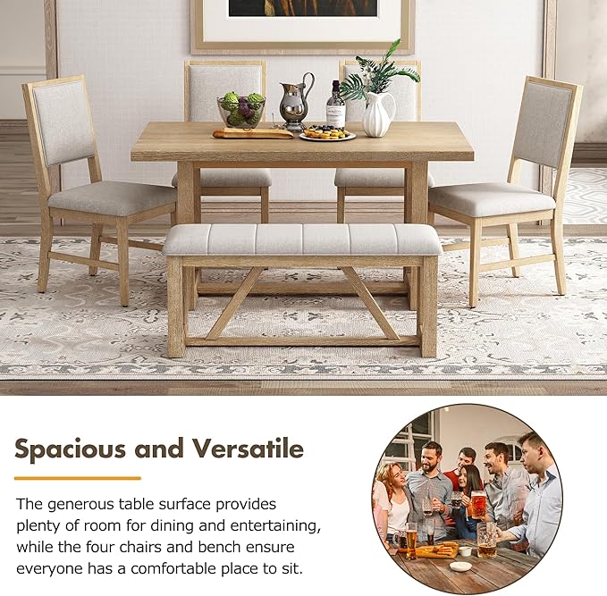 Merax Farmhouse Wood 6-Piece Dining Set, 59.6 inch Rectangular Table, 4 Upholstered Chairs and 1 Bench for Kitchen, Natural