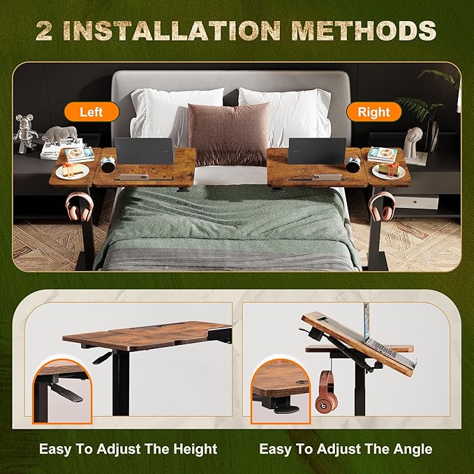 Standing Desk, Medical Overbed Table with Rolling Tray, Dual Pneumatic Angle and Height Adjustable Desk, Portable Side Table with Hidden Wheels, Home & Hospital Use, Rustic Brown
