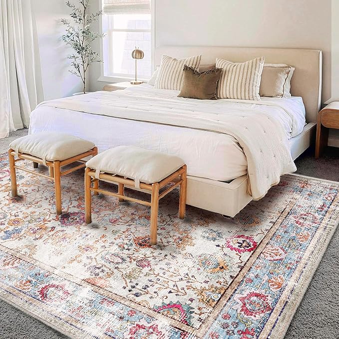 Washable 10'x14' Area Rug Vintage Traditional Distressed Indoor Foldable Thin Retro Accent Floral Non Slip Carpet Living Room Dining Room Office