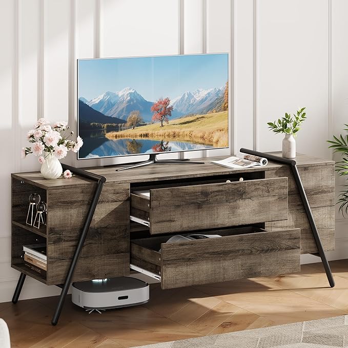 GarveeHome 55" Modern TV Stand, Entertainment Center with 2 Drawers, Adjustable Shelves, U-Shaped Metal Legs, Farmhouse Wooden TV Console for Living Room and Bedroom, Oak