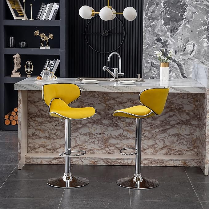 Roundhill Furniture Masaccio Velvet Upholstered Adjustable Swivel Barstool, Set of 2, Yellow