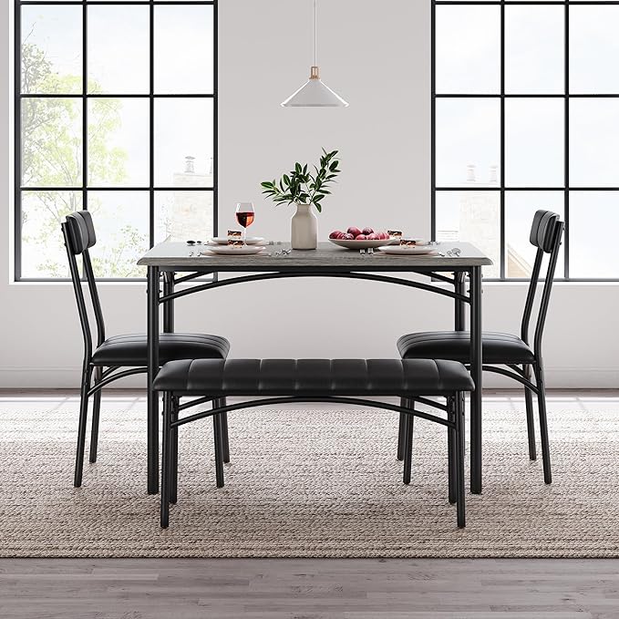 Garvee Dining Table Set for 4, Kitchen Table with Upholstered Bench and 2 Chairs, 4-Piece Wooden Dining Table Set for Apartment, Dining Room, Small Space, Gray