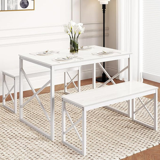 VECELO Dining Table with 2 Benches for 4, 43.3'' Wood Kitchen Room Dinette Sets with Metal Frame for Breakfast Nook and Small Space, White