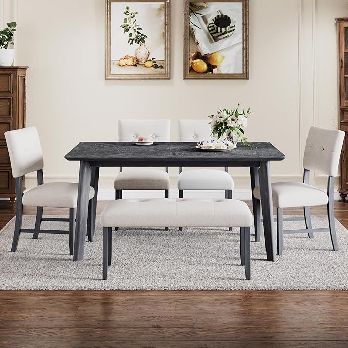 Merax 6 Piece Solid Wood Dining Table Set for 6, Rustic Farmhouse Rectangular with 4 Upholstered Wooden Chairs and 1 Bench, Kitchen Room, Gray