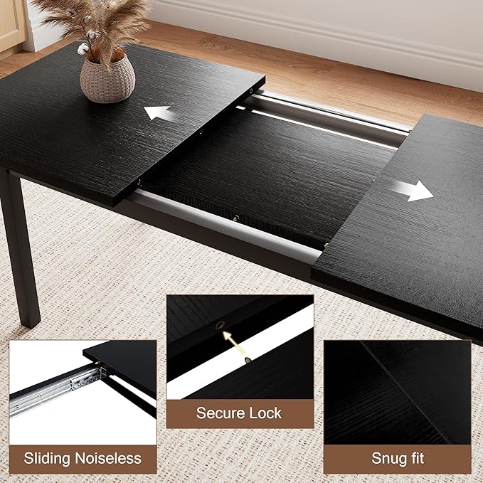 5-Piece Dining Table Set for 4-6, 63" Extendable Kitchen Table with 2 Benches & 2 Stools, Metal Frame & MDF Board, Farmhouse Space-Saving Dinette for Kitchen, Dining Room, Black