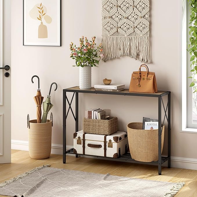Tajsoon Console Table 41.8”, 2-Tier Industrial entryway Table, Narrow Sofa Table with Shelves, Entrance Table for Entryway, Hallway, Living Room, Foyer, Corridor, Office, Grey & Black
