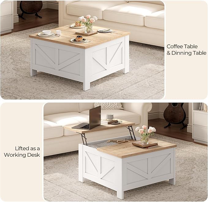 Yaheetech Farmhouse Lift Top Coffee Table with Storage, Square Coffee Table for Living Room, 31.5 Inches Center Tables with Large Hidden Storage Compartment for Home Office, White & Light Oak