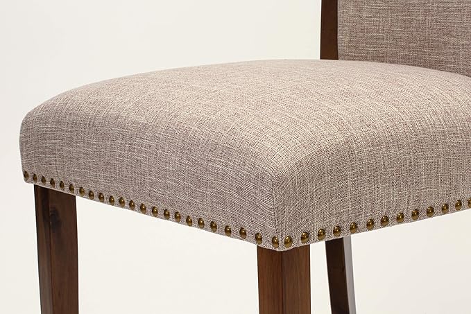 East West Furniture VEP8T04 Verona Parsons Dining Chairs - Nailhead Trim Light Tan Linen Fabric Upholstered Chairs, Set of 2, Walnut