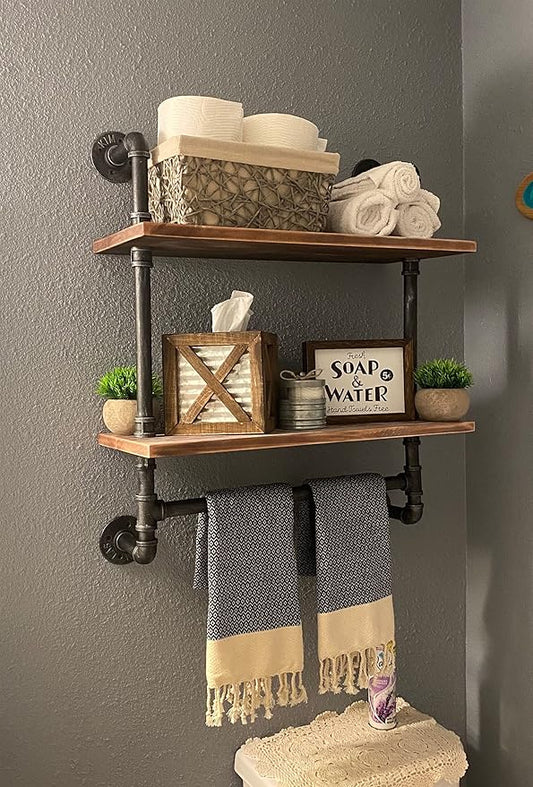 SSS Furniture Industrial Pipe Shelving Bathroom Floating Shelves Wall Mounted, 2 Tier 24 inch Rustic Wood Shelf with Towel Bar, Farmhouse Towel Rack Bathroom Shelf Over Toilet