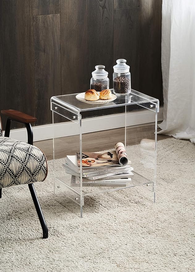 Clear Acrylic End Table，2-Tier，Nightstand for Living Room and Bedroom,Easy Assembly,18x12 inch，22 inch high