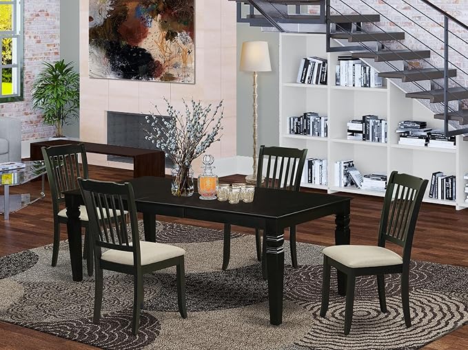 East West Furniture LGDA5-BLK-C 5 Piece Dinette Set Includes a Rectangle Dining Room Table with Butterfly Leaf and 4 Linen Fabric Upholstered Dining Chairs, 42x84 Inch, Black