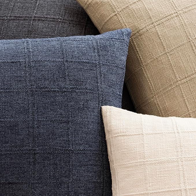 Foindtower Set of 2 Decorative Linen Check Throw Pillow Covers Neutral Farmhouse Vintage Cushion Covers Modern Boho Home Decor for Sofa Chair Couch Bedroom Living Room Outdoor,16×16 Inch,Navy Blue