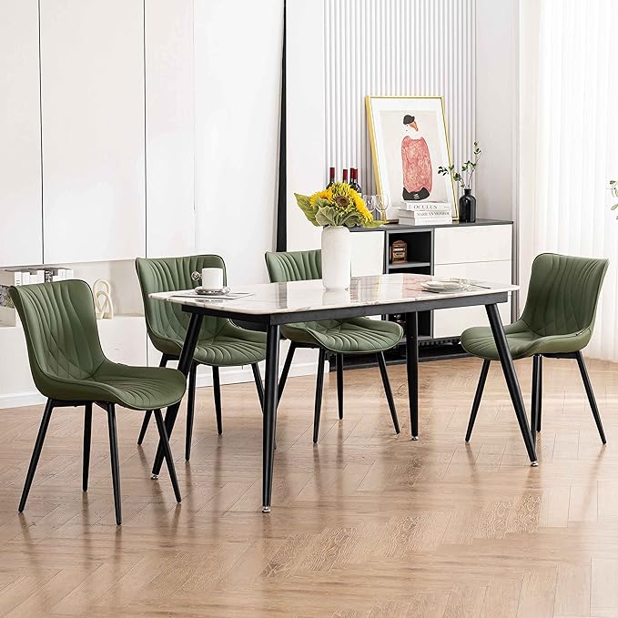 YOUTASTE Dining Chairs Set of 2 Upholstered Mid Century Modern Kitchen & Dining Room Chairs Armless Faux Leather Accent Chair with Padded Back Metal Legs for Bedroom Vanity Lounge, Olive Green