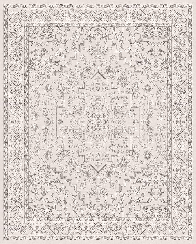 GENIMO 10x14 Area Rugs for Living Room, Machine Washable Non Slip Vintage Rugs, Low Pile Lightweight Chenille Print Rug for Bedroom, Dining Room, Home Office, Beige Line