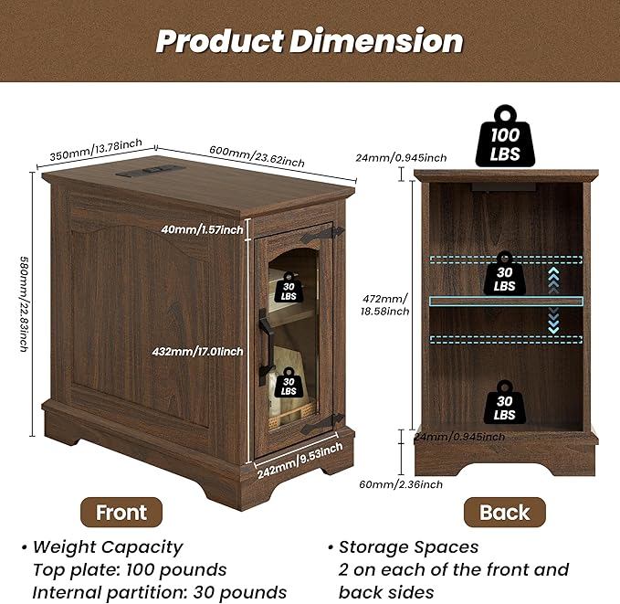 Narrow End Table with Storage, Farmhouse Side Table with Power Outlets & USB Ports, Small Night Stand for Living Room, for Bedroom, Living Room(Glass Door, Walnut)