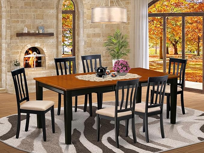 East West Furniture QUAN7-BCH-C 7 Piece Dining Room Furniture Set Consist of a Rectangle Kitchen Table with Butterfly Leaf and 6 Linen Fabric Upholstered Chairs, 40x78 Inch, Black & Cherry