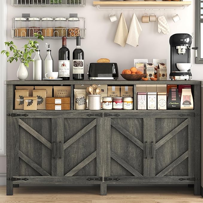 Buffet Sideboard with Storage Farmhouse with 4 Doors, 55'' Large Kitchen Storage Cabinet Wood Coffee Bar Cabinet Buffet Table with Shelves for Kitchen, Dining Room, Entryway (Gray, 55in)