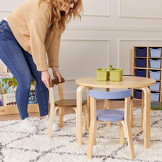 ECR4Kids Bentwood Round Table and Curved Back Chair Set, Kids Furniture, Earthtone, 5-Piece