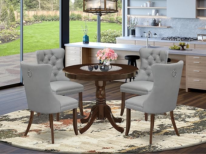 East West Furniture ANDA5-AWA-27 5 Piece Kitchen Table & Chairs Set Includes a Round Dining Table with Pedestal and 4 Polyester Fabric Upholstered Chairs, 36x36 Inch, Antique Walnut