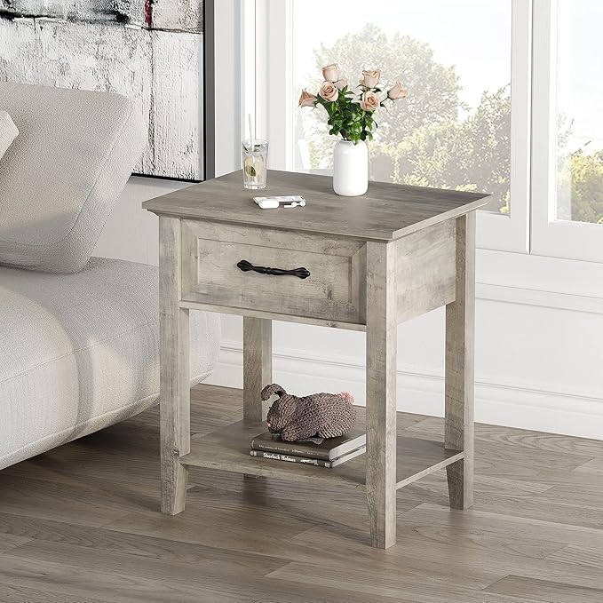 IDEALHOUSE Grey Nightstands Set of 2, End Table with Drawer, Side Table for Spaces, 2 Tiers Storage Shelves with Dresser, Bedside Table for Living Room, Bedroom, Dorm (2pcs-Grey)
