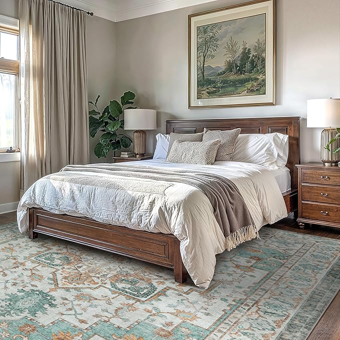 GENIMO 9x12 Area Rugs for Living Room, Machine Washable Non Slip Vintage Rugs, Low Pile Lightweight Chenille Print Rug for Bedroom, Dining Room, Home Office, Cyan