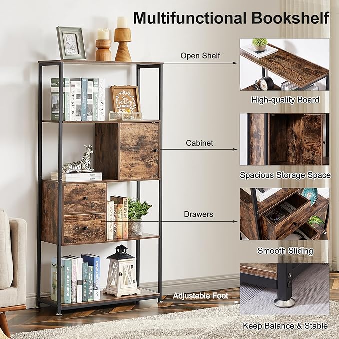 VECELO 5-Tier Bookshelf,Bookcase with 2 Storage Drawers and 1 Cabinet, Wooden Shelf with Metal Frame Open Book Shelves Standing Shelf Unit for Living Room, Bedroom,Office
