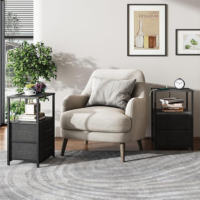 TUTOTAK End Table with Charging Station, Night Stand, Side Table with 2 USB Ports and Outlets, Nightstand with Cloth Drawer, Bedside Table for Livingroom, Bedroom Charcoal Grey TB01BY088