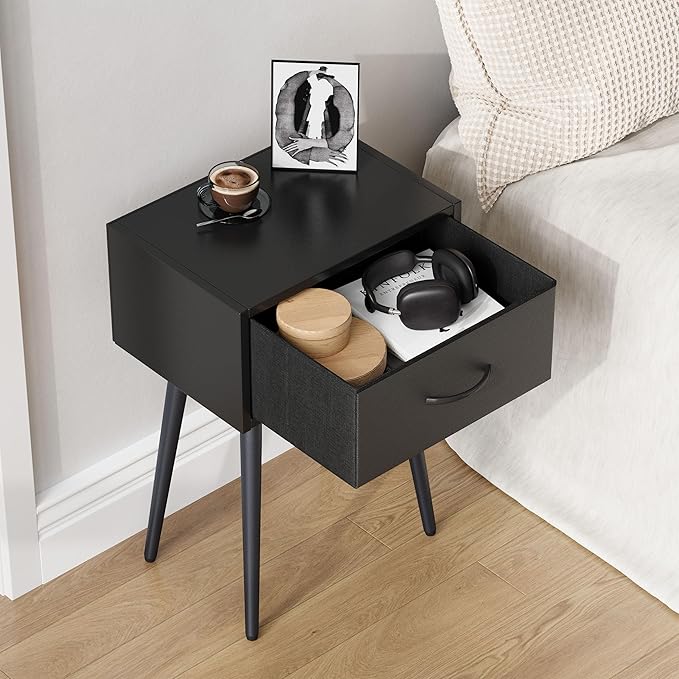 Black Nightstands Set of 2, Small Bedside Table with Fabric Drawer, Modern End Table with Metal Leg, Couch Side Table for Bedroom Living Room, Sofa, Office LNT504B