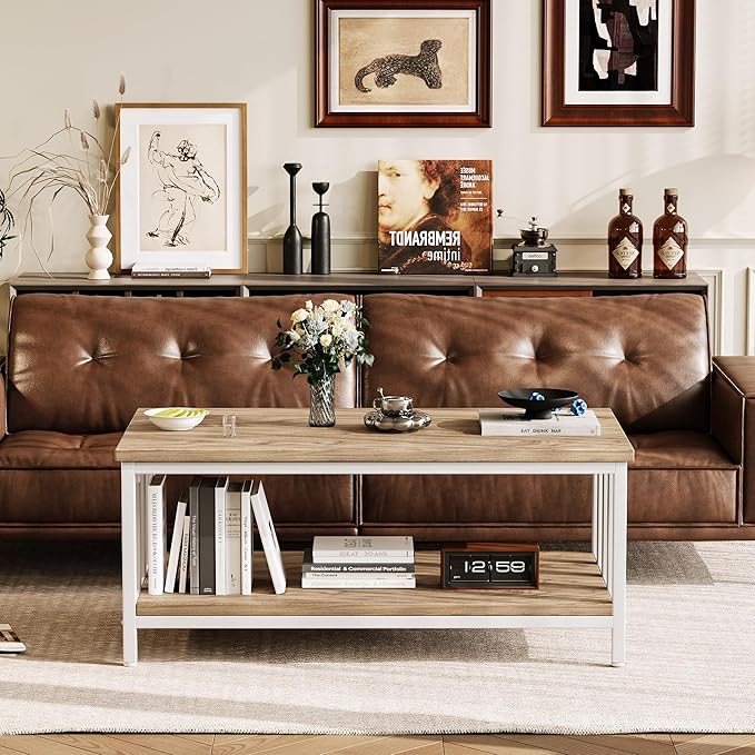 Coffee Table for Living Room with Slatted Sides Frame, Modern Farmhouse Living Room Table with 2-Tier Storage Shelf for Home Office, Apartment, 39 inch, Light Coffee