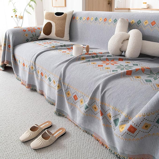 STACYPIK Boho Gray Jacquard Couch Cover, Sofa Cover for Dogs Washable, Non Slip Couch Cover for Sectional, Furniture Protector for 3 Cushion Couch, Multi-use Sofa Slipcover Pet-Friendly-71X150IN