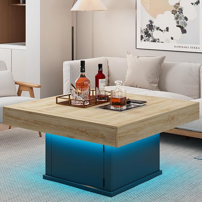 LED Coffee Tables for Living Room, Farmhouse Wood Coffee Table, 33.5" Square Coffee Table with Storage, Large Vintage Brown Center Table, Living Room Tables Cocktail Table (Natural)