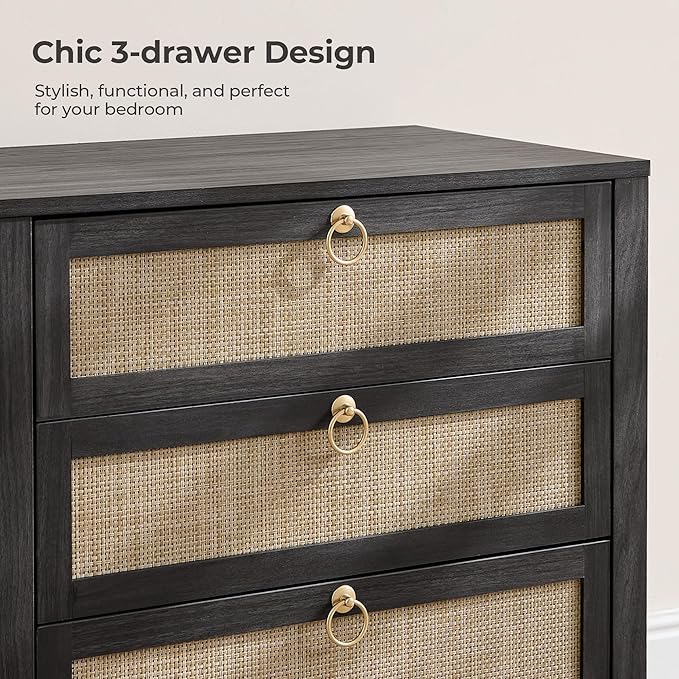 SICOTAS Night Stand with Drawers, Large Rattan Bedside Table with Golden Handle, 3 Drawers Nightstand Tall End Table Side Table Boho Nightstand for Bedroom