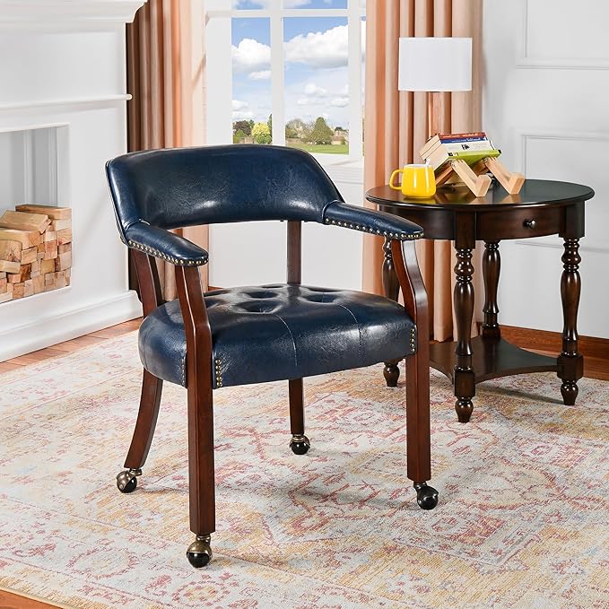 LEEMTORIG Large Dining Chairs with Casters and Arms, Rolling Dining Chairs with Wheels, Solid Wood Boss Caption's Chairs Office Desk Chairs, 26"D x 25.2"W x 31.5"H, Cherry Legs & Blue PU SY-1533-LB