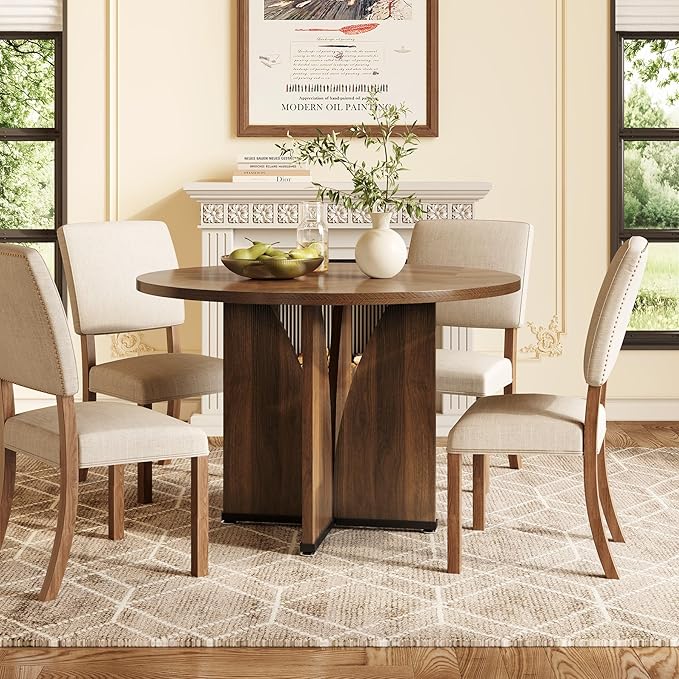 LITTLE TREE 39-Inch Round Dining Table for 4, Rustic Kitchen Table with X-Shaped Stable Pedestal, Farmhouse Dinner Table for Dining Room, Living Room, Dark Brown