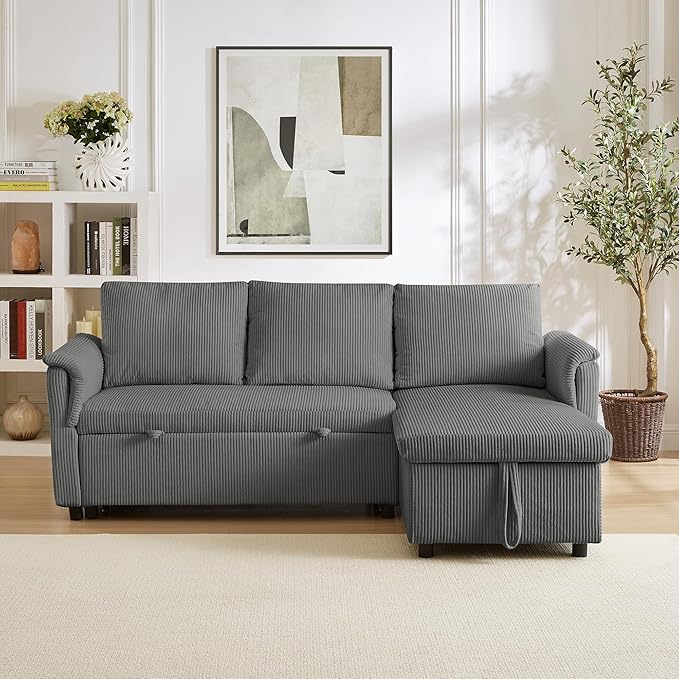 Ball & Cast Reversible Sectional Sofa Couch,L-Shape Sleeper Sofa Bed with Storage Chaise Pull Out Couch for Living Room | Hidden Storage | Pull Out Bed | Removable Backrest | Corduroy Fabric,Gray