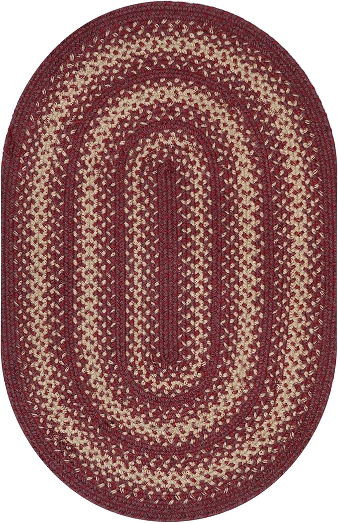 Autumn Maple Burgundy and Tan Braided Oval Area Rugs, Jute, 5x8' - Rustic Primitive Decor for Living Room, Dining Room, Everywhere