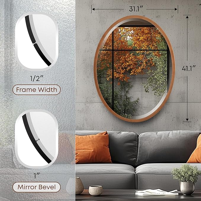 OVALCREST - Oval Wooden Beveled Wall Mirror for Home Decor, Bathroom, Vanity, Bedroom, Living Room, Hallway - London Style (Sunset Gold) 31.1 x 41.1