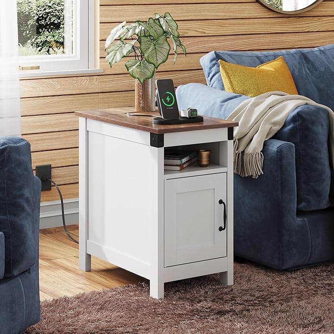 WLIVE White Farmhouse End Table for Living Room, Narrow Side Table with Charging Station, Night Stand with Storage, Small Wooden Cabinet with USB Ports and Outlets for Bedroom, White
