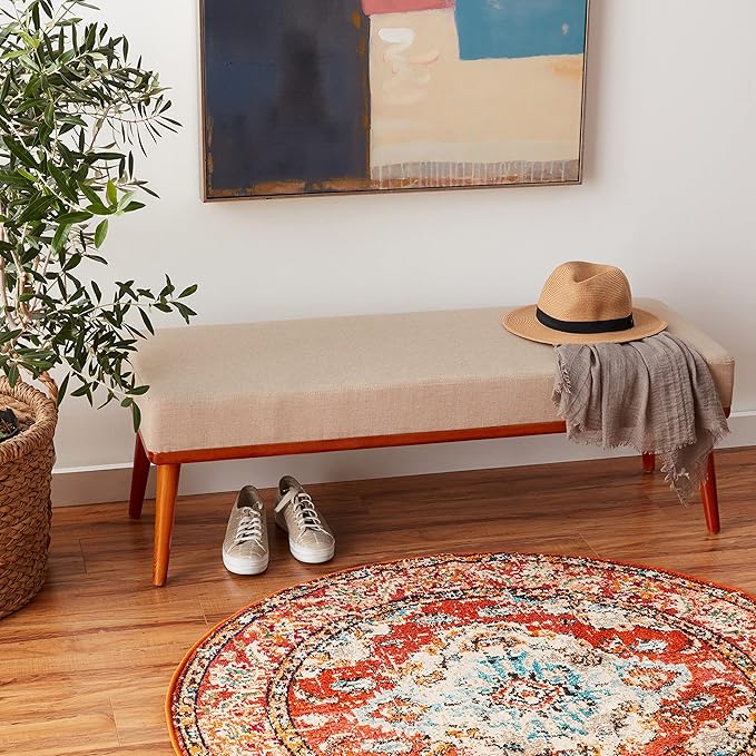 SAFAVIEH Monaco Collection Area Rug - 4' Round, Orange & Light Blue, Boho Chic Medallion Distressed Design, Non-Shedding & Easy Care, Ideal for High Traffic Areas in Living Room, Bedroom (MNC243H)