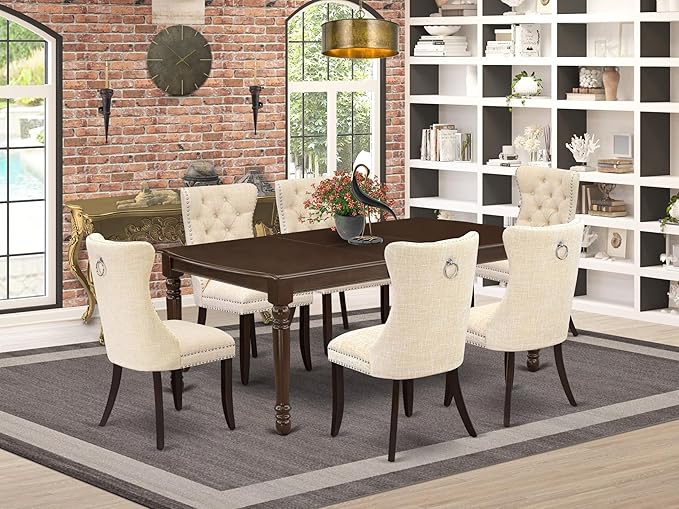 East West Furniture DODA7-MAH-32 7 Piece Dinette Set Includes a Rectangle Dining Table with Butterfly Leaf and 6 Polyester Fabric Upholstered Chairs, 42x78 Inch, Mahogany