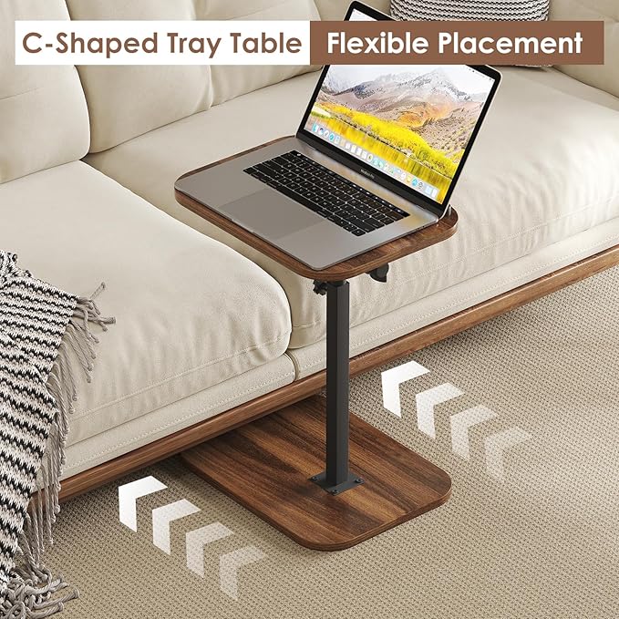 Sofa Couch Arm Table Tv Tray Small Bed Stand C Shaped Side End Tables for Living Room, Bedroom, Bedside Walnut