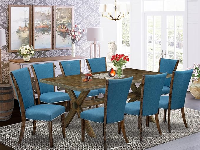 East West Furniture X777VE721-9 9 Piece Dining Set Includes a Rectangle Dining Room Table with X-Legs and 8 Blue Color Linen Fabric Upholstered Chairs, 40x72 Inch, Multi-Color
