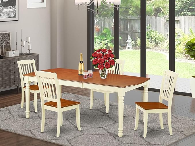 East West Furniture DODA5-BMK-W 5 Piece Dining Set Includes a Rectangle Dining Room Table with Butterfly Leaf and 4 Wood Seat Chairs, 42x78 Inch, Buttermilk & Cherry