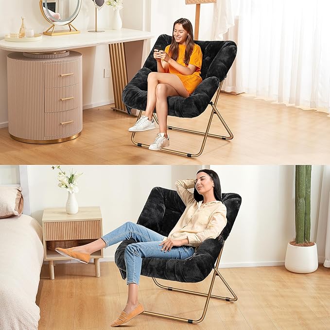 Comfy Saucer Chair for Adults, Foldable Living Room Chairs, Soft Faux Fur Lounge Chair for Bedroom, Reading Chairs, X-Large (Ottoman-Black)