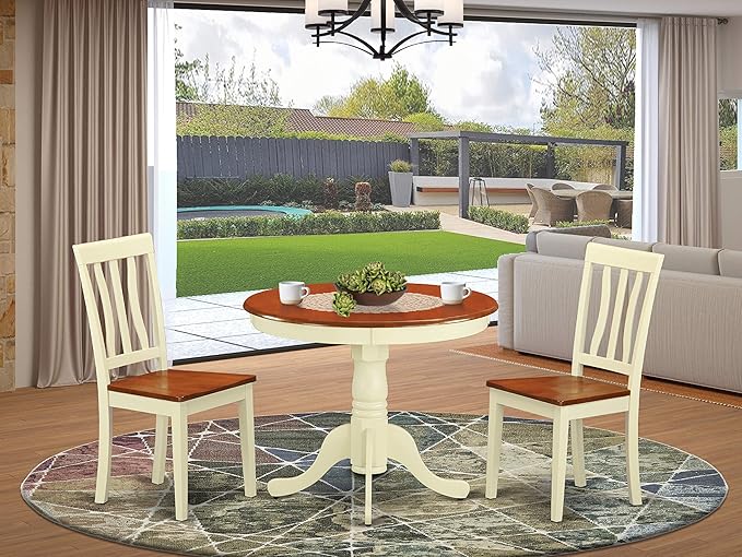 East West Furniture ANTI3-WHI-W 3 Piece Dining Table Set for Small Spaces Contains a Round Kitchen Table with Pedestal and 2 Dining Chairs, 36x36 Inch, Buttermilk & Cherry