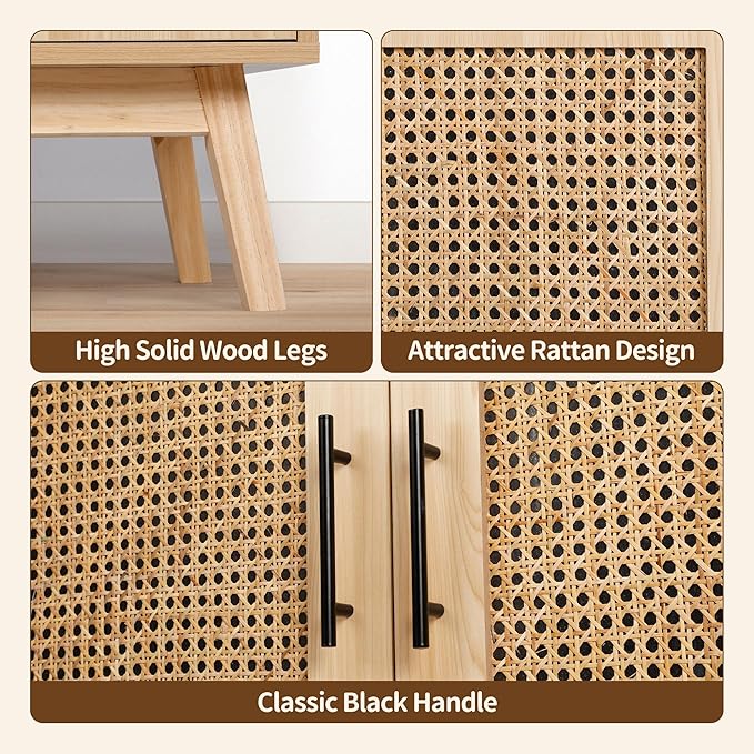 Rengue Sideboard Buffet Cabinet with Rattan Decorated Doors - Accent Cabinet Cupboard Console Table for Hallway, Entry, Living Room, Natural