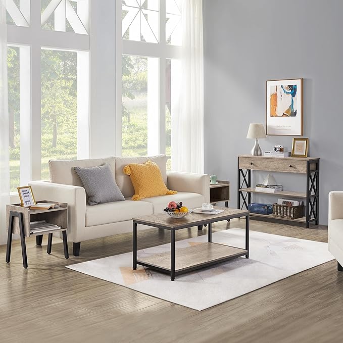 Yaheetech 39.5" 2-Tier Coffee Table with Storage Shelve, Industrial Gray Coffee Table, Easy Assembly, Wooden Center Tables for Living Room & Small Space, Gray